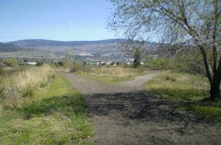 Looking east back to Channel Parkway, trail on right is the KVR heading south which dead ends, Kettle Valley Railway Penticton to Summerland, 2011-05.